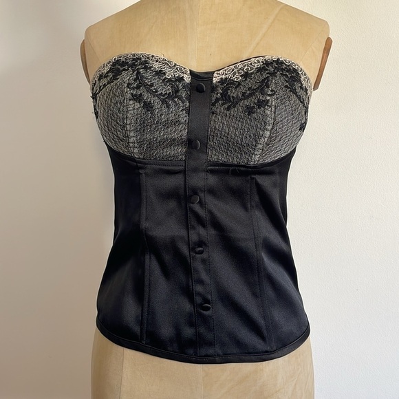 Y2K Lace Bustier Top Medium Black Button Satin Corset Boning CottonExpress - Picture 4 of 14